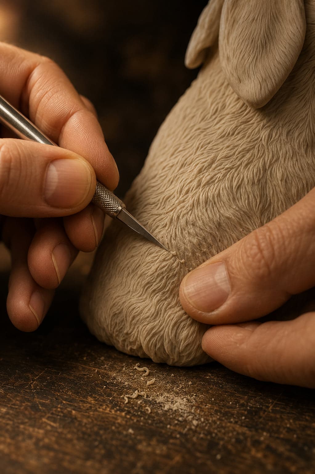 Detalhe do acabamento manual de uma escultura de pet, com a textura do pelo esculpida visível