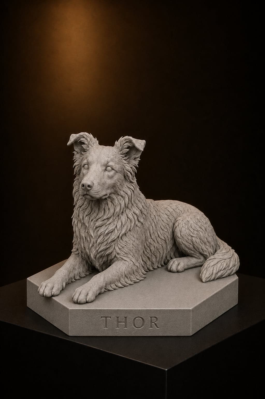 Escultura de collie deitado, em resina com acabamento fosco, sobre base iluminada