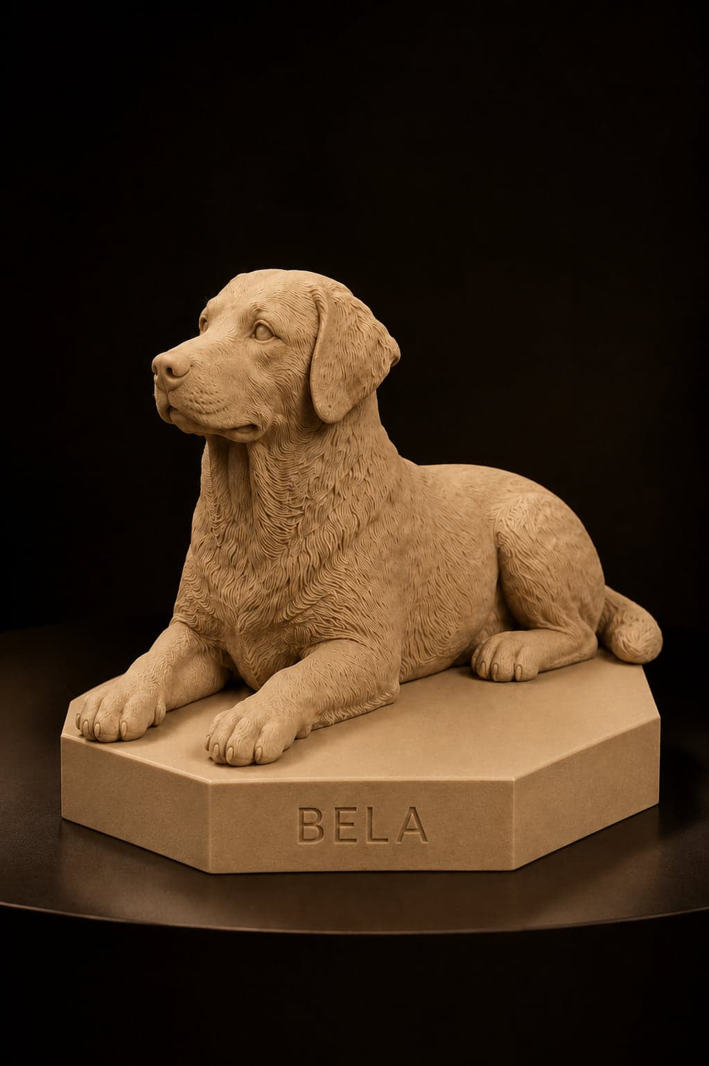 Escultura de labrador deitado, resina bege com acabamento fosco