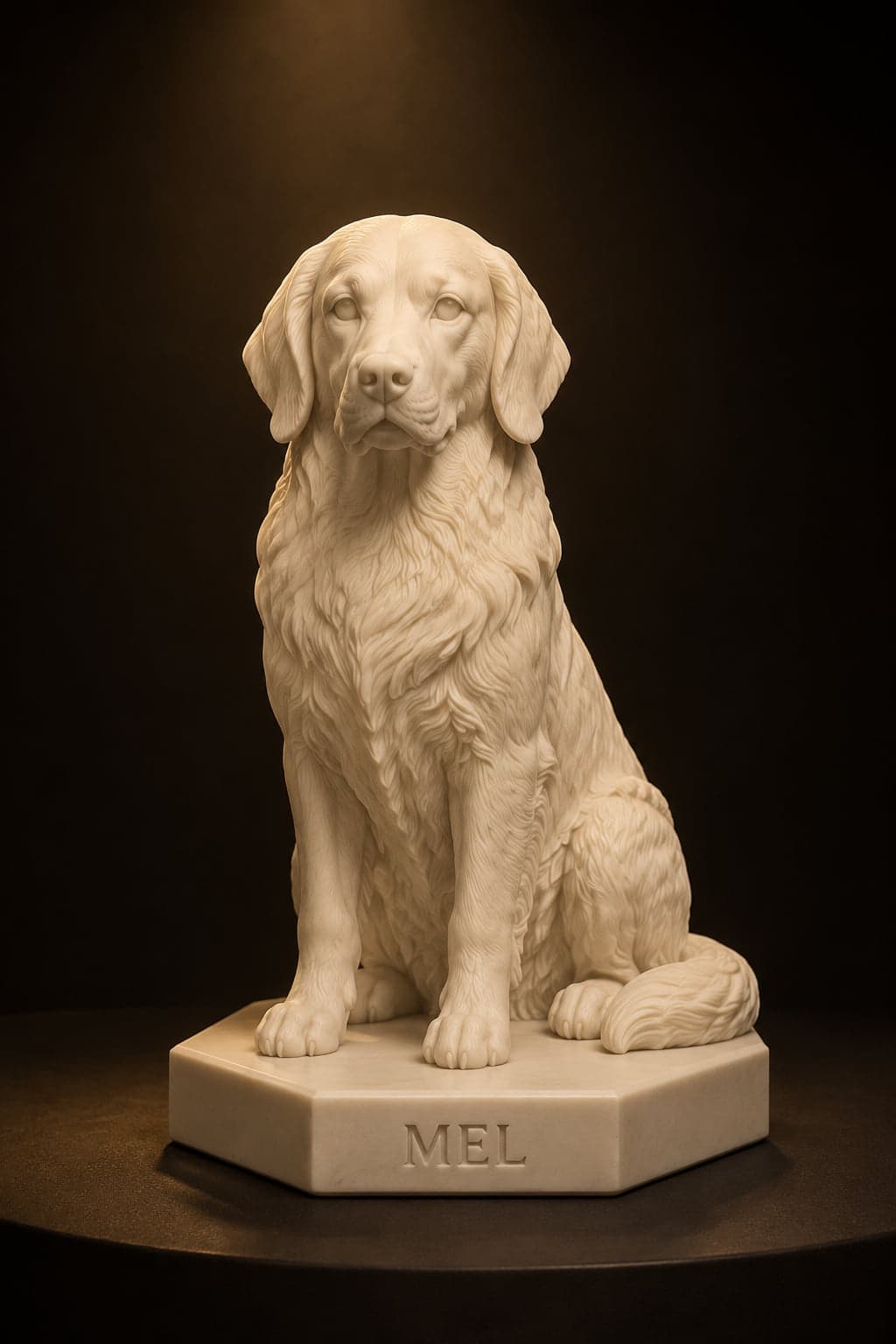 Escultura de golden retriever sentado, resina branca envernizada