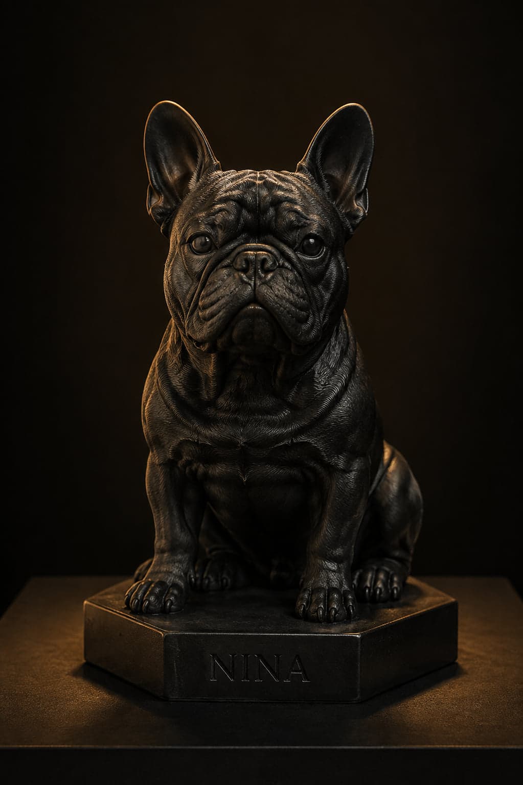 Escultura de buldogue francês sentado, resina preta envernizada