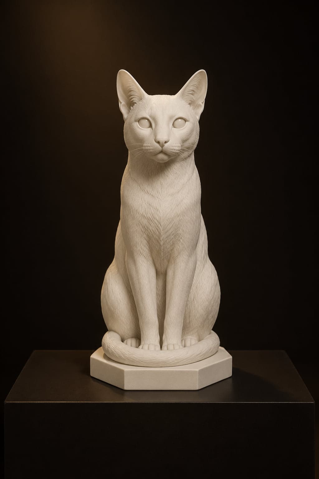 Escultura de gato sentado, resina branca com acabamento fosco