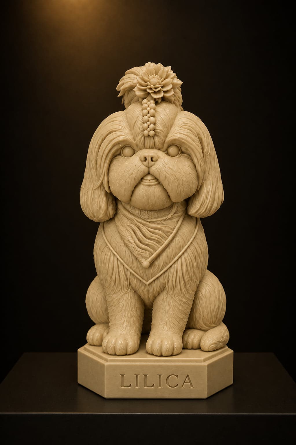 Escultura de shih tzu sentado, resina bege envernizada
